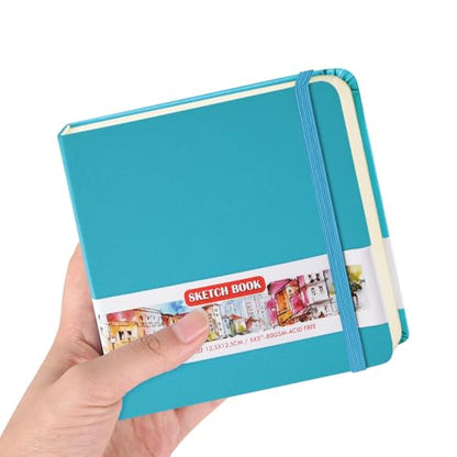 5x5 Pocket Sketch Book,80gsm Hardcover Art Sketchbook for Drawing Journal | PU Cover,Blank Paper,96Sheets/192Pages,Lay-Flat,Portable Travel Creation Paint Diary Memo Planner,Dry Media.Lake Blue - color: PU Cover-5x5in-Lake Blue