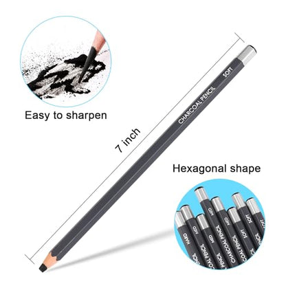 Sunshilor Professional Charcoal Pencils Drawing Set, 12 Pieces Soft Medium Hard Charcoal Pencils for Drawing, Sketching, Shading, Artist Pencils for Beginners & Artists
