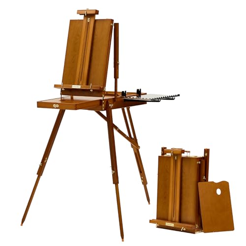 ATWORTH French Easel for Painting, Deluxe Beech Wooden Field & Studio Sketchbox Easel Stand with Metal Side Tray, Portable& Easy Transport for Painting Outdoor, Holds Canvas up to 34"- Light Walnut - color: light walnut