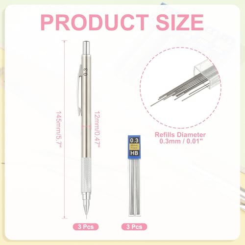 PATIKIL 0.3 mm Mechanical Pencil Set with Lead Refills, Metal Drafting Pencil Artist Lead Holder for Drawing Writing Sketching Marking Art, Silver