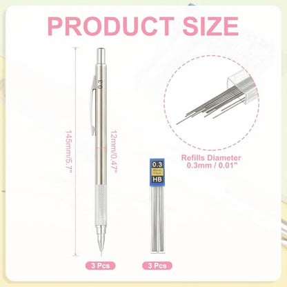 PATIKIL 0.3 mm Mechanical Pencil Set with Lead Refills, Metal Drafting Pencil Artist Lead Holder for Drawing Writing Sketching Marking Art, Silver