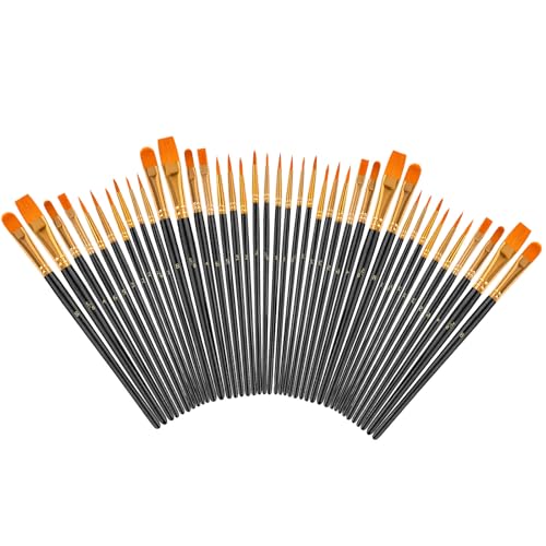 Soucolor 40-Pc Round Tip Paint Brushes, Acrylic Oil Watercolor, Black | 40pcs, 10 sizes, soft nylon bristles, nickel ferrules, blue wood handles — great for acrylic, oil, face, nail & rock art. - color: Black, size: 40-Pack