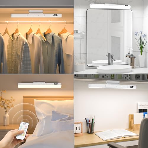 Ferswe 3W Rechargeable Light Bar with Remote Control, 3 Color Adjustable Mirror Lights, 2000mAh Battery Makeup, Touch for Cabinets, Magnetic Stick On for Closet, Kitchen