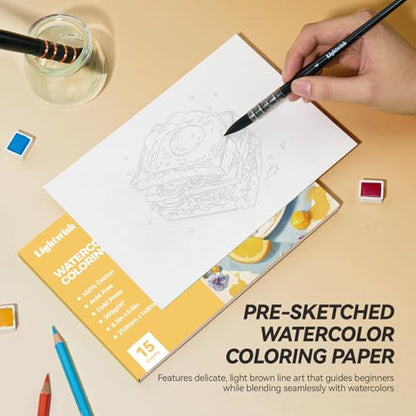 Lightwish Watercolor Coloring Book for Adults & Beginners,100% Cotton 300gsm/140lb Acid-Free Cold Press Paper, 8.3 x 5.6 Inches,15 Sheets,Food-Themed - color: Food-Themed