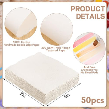 50 Sheets Watercolor Paper 6 x 8 Inch, 300 GSM Cotton Deckle Edge - size: 6 x 8inch