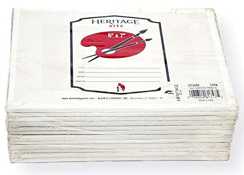 CP3004 Pack of 12 Primed Canvas Boards, 5" x 7"; Mounted to MDF Board; Pure Cotton Artist Canvas Primed with an Acrylic Plaster; Small Tooth Surface Finish