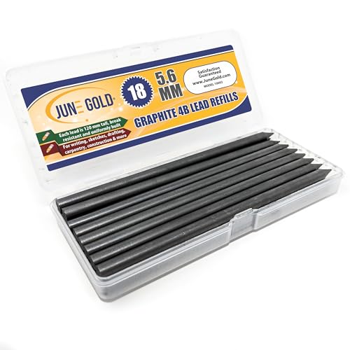June Gold 5.6 mm, 18 Lead Refills, 4B, 120 mm Length, Sturdy Carrying Case | Extreme Bold Thickness, Sketching, Shading, Blending, Construction, Carpentry - color: 4b Graphite, style: 5.6 mm