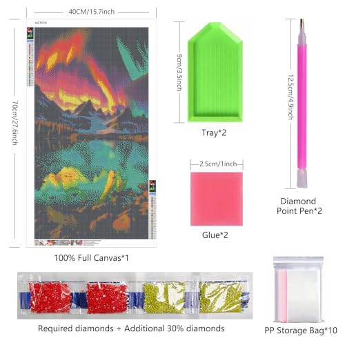ARTGOTO Northern Lights Diamond Painting Kit for Adults 15.7 x 27.5 Inch | Large 5D Full Square Drill Diamond Art Kit, Aurora Mountain Lake DIY Gem Art Canvas with 2 Tool Sets, 30% Extra Diamonds - color: AGT015