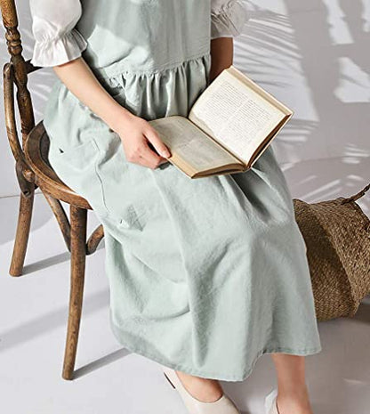 Women Girls Cross Back Apron Gardening Works Cotton Aprons Pinafore Dress - color: Green