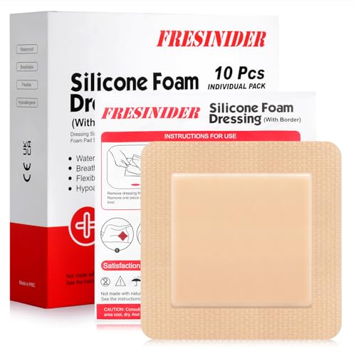 FRESINIDER Silicone Foam Dressing with Adhesive Border – Wound Dressing Bandage – Silicone Foam Pad – Pack of 10 – 5 x 5 Inches Large Waterproof Bandages – Self Adhesive Wound Care and Dressings - size: 5" x 5",10pack