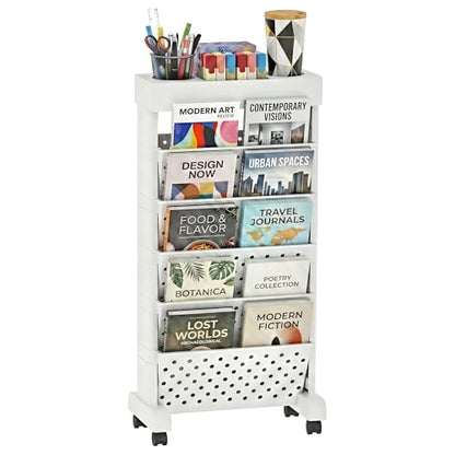 6-Tier Rolling Bookshelf Magazine Rack with Wheels White - color: White, size: 6-Tier 30.5"H