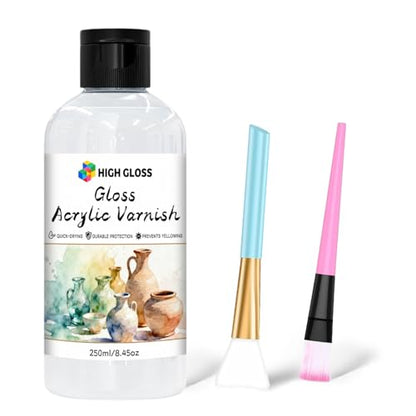 Gloss Acrylic Varnish with Pump, High Gloss Clear Sealer for Acrylic Paintings, Quick-Dry Water-Based Non-Toxic, UV & Yellowing Protection, Multi-Surface with Bonus Brush (250 ml) - size: 250 ml