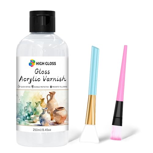 Gloss Acrylic Varnish with Pump, High Gloss Clear Sealer for Acrylic Paintings, Quick-Dry Water-Based Non-Toxic, UV & Yellowing Protection, Multi-Surface with Bonus Brush (250 ml) - size: 250 ml