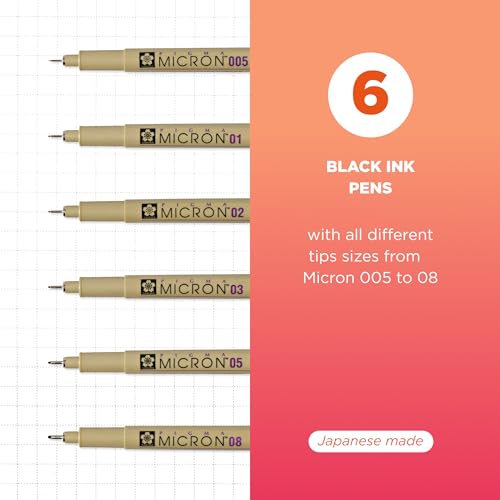 SAKURA Pigma Micron Fineliner Pens - Archival Black Ink Pens - Pens for Writing, Drawing, or Journaling - Assorted Point Sizes - 18 Pack - size: 6 Count (Pack of 3)