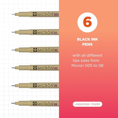 SAKURA Pigma Micron Fineliner Pens - Archival Black Ink Pens - Pens for Writing, Drawing, or Journaling - Assorted Point Sizes - 18 Pack - size: 6 Count (Pack of 3)