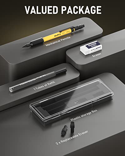 Nicpro MP2000 1.3mm Metal Mechanical Pencil Set with Case (Yellow) | 12 Black Lead Refill, Eraser, Weatherproof Heavy Duty Carpenter Pencils for Outdoor Woodworking Marking, Drafting, Drawing - style: 1 Pack (Yellow)