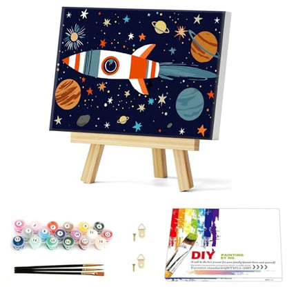 Gemozaic Outer Space Paint by Numbers Kit for Kids with Frame and Easel | Cartoon Rocket Paint by Number for Kids Age 8-12, Easy DIY Acrylic Numbers Painting for Boys 10 Years Old, 12 x 8 Inch - color: BKH3434