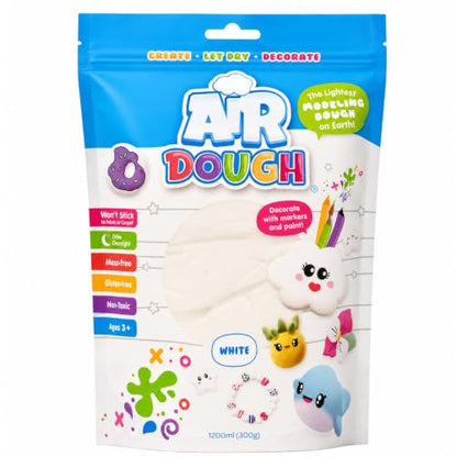 Air Dough White Ultra-Light Air Dry Modeling Dough for Kids, Mess-Free | Mess-Free Modeling Dough Kit That Won't Stick to Carpet and Air-Dries to a Keepsake, Resealable Bag Plus Tutorial Videos - color: White