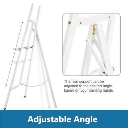 A-Frame Wooden Display Easel, Lyre Beechwood Studio Easel Stand, White | Adjustable Holding Canvas Up to 90", Inclinable Artist Floor Painting Easel for Artwork Painting - color: White
