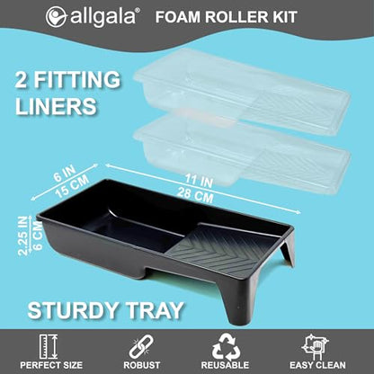 Allgala Foam Paint Roller Kit, 9 Pack 4 inch Mini High Density Foam Paint Roller Covers, Frame, Tray, for Trim Wall Funiture Doors Cabinets, Cupboards - size: 4" Foam (9 PC Set)