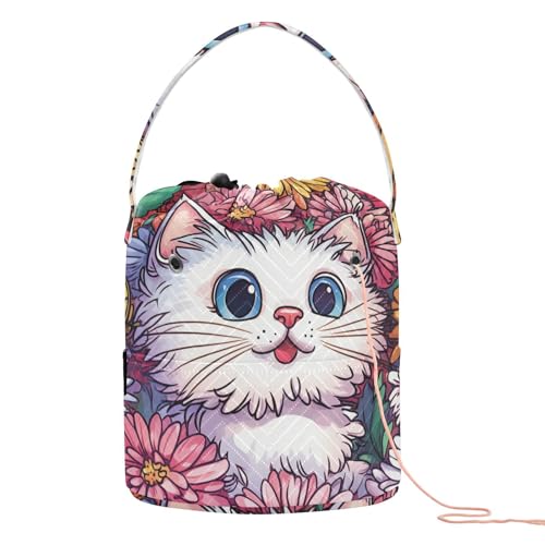 Cute Chrysanthemum Cats Butterflies Yarn Bag Small Crochet Bag Drawstring Yarn Storage Organizer Knitting Project Bags Potable Yarn Holder with Holes Handle Crocheting Needles Knitting Access - color: Cute Chrysanthemum Cats Butterflies