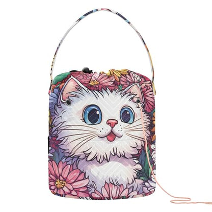 Cute Chrysanthemum Cats Butterflies Yarn Bag Small Crochet Bag Drawstring Yarn Storage Organizer Knitting Project Bags Potable Yarn Holder with Holes Handle Crocheting Needles Knitting Access - color: Cute Chrysanthemum Cats Butterflies