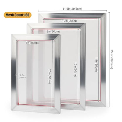 3 Pack Aluminum Silk Screen Printing Frames with 160 Mesh for Screen Printing, 10 x 14 Inch, 8 x 12 Inch, 6 x 10 Inch, Essential for T-Shirts DIY Printing