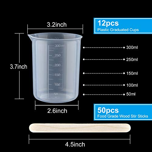 Coopay 12 Pack 300ml/10.1oz Plastic Beakers Epoxy Mixing Cups, Plastic Graduated Cups Clear Multipurpose Measuring Cups with 50 Pack Wooden Stirring Sticks for Resin, Epoxy, Stain, Mixing Paint - size: 300ml