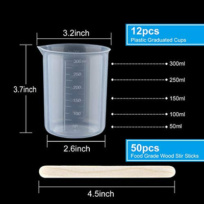 Coopay 12 Pack 300ml/10.1oz Plastic Beakers Epoxy Mixing Cups, Plastic Graduated Cups Clear Multipurpose Measuring Cups with 50 Pack Wooden Stirring Sticks for Resin, Epoxy, Stain, Mixing Paint - size: 300ml