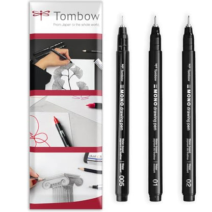 Tombow MONO Drawing Pen Fineliner - Water and Light Resistant - 0.05/0.1/0.2mm - Black Ink - Pack of 3 In Envelope Gift Packaging