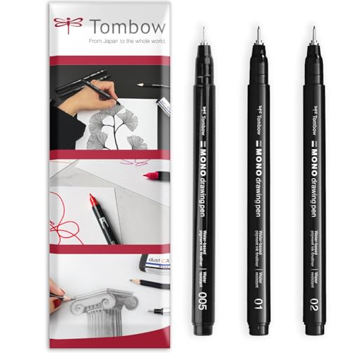 Tombow MONO Drawing Pen Fineliner - Water and Light Resistant - 0.05/0.1/0.2mm - Black Ink - Pack of 3 In Envelope Gift Packaging