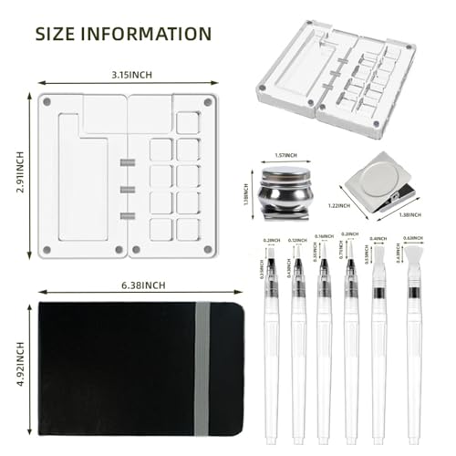 Portable Paint Kit Mini Magnetic Acrylic Box 9-Well Empty Watercolor Palette,Tiny Travel Paint Case with Clip and Oil Pot,Small Watercolor Paper Sketchbook Artist Paint Brushes Set