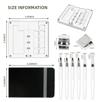 Portable Paint Kit Mini Magnetic Acrylic Box 9-Well Empty Watercolor Palette,Tiny Travel Paint Case with Clip and Oil Pot,Small Watercolor Paper Sketchbook Artist Paint Brushes Set