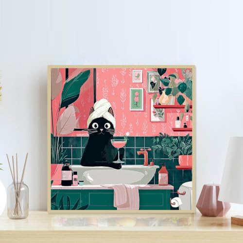 Accompany Wind Black Cat Diamond Art Kits for Adults, 5D Cute Animals Diamond Painting Kits for Beginners,DIY Round Full Drill Diamonds Gem Art Crafts for Home Wall Decor Gifts 14x14 Inch - color: Bathing cat