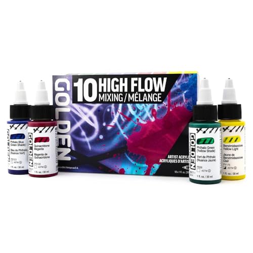 High Flow Acrylics by GOLDEN, High Flow Mixing Set, 10 Colors, Professional Acrylic Paint