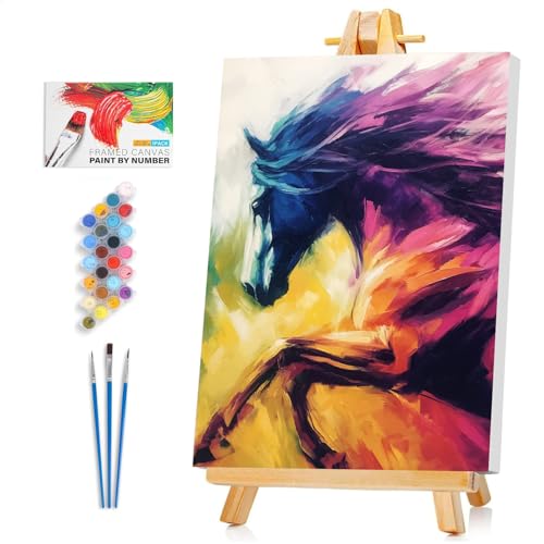Framed Paint by Numbers Kit for Adults Beginner & Kids Ages 8-12, Abstract Horse Paint by Numbers Kits on Canvas, without Easel, DIY Acrylic Number Painting for Adults for Home Decor Gift 8 x 12 Inch - color: XM-OP-F-Horse-2030