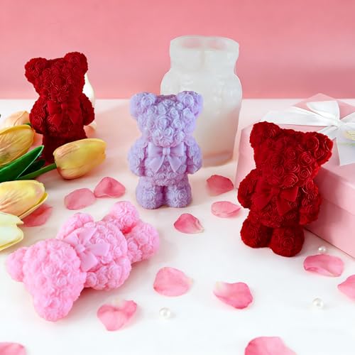 Bear Candle Molds, Standing 3D Rose Flower Bear Casting Molds - color: 1 PCS Rose Bear Candle Molds