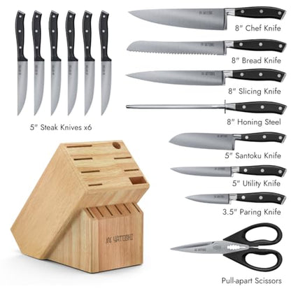 Yatoshi 15 Piece Black Knife Block Set - Pro Kitchen Knife Set Ultra Sharp High Carbon Stainless Steel with Ergonomic Handle - color: Black, size: 15-Piece