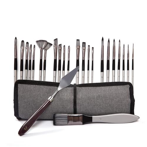 Paint Brushes Set, 24 Pcs Artist Paint Brush Set with Nylon Bristles, Wooden Handles, Roll-Up Canvas Case and Palette Knife for Acrylic, Watercolor, Oil, Gouache, Canvas Painting, Silver Gray - color: Silver Gray