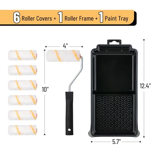 Bates- 4 Inch Paint Roller Kit, 8 pcs, Small Paint Roller Kit, 1x Plastic Paint Tray, 1x Roller Frame & 6X Microfiber Covers - size: 8 pcs