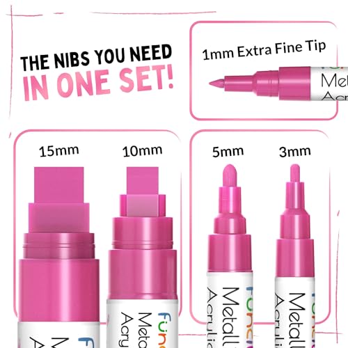 5 Acrylic Metallic Pink Paint Pen Markers for Rocks, Canvas, Wood | Extra Fine Tip, Thin & Jumbo (1mm, 3mm, 6mm, 10mm, 15mm) - Paint Markers for Metal, Plastic, Fabric, Glass - Permanent Marker - color: Metallic Pink