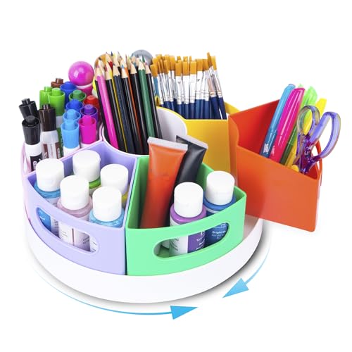 CraftGenes Art Supply Organizer, Extra Large 360 Degree Rotating Pencil Caddy with 7 Removable Compartments, Rainbow Marker Organizer and Craft Caddy for Kids, Teachers, Classroom, School - color: Colorful