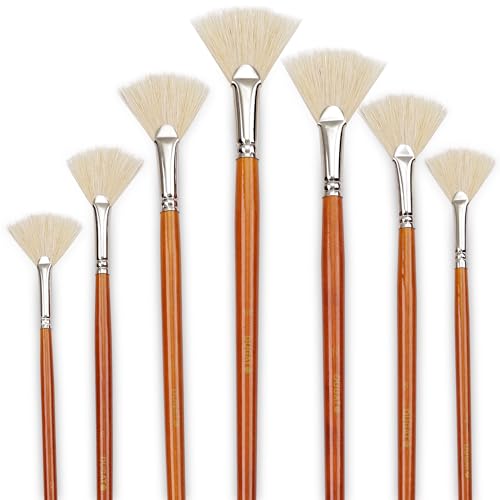 DUGATO Hog Hair Fan Paint Brush Set, 7-Piece Long Handle Brushes | Comfortable Wood Handle for Ceramic Pottery Glazing & Painting, Ideal for Acrylic & Oil, Smooth Blending & Texture Effects - size: 7pcs Fan Brushes