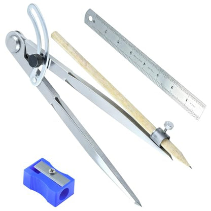 8-Inch Professional Woodworking Compass Geometry with Wing & Pencil Holder — Includes 8" Ruler and Pencil Sharpener Perfect for Accurate Circles, Layouts, and Geometric Designs
