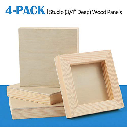 4 Pack 4x4’’ Unfinished Birch Wood Panels Kit for Painting | Studio 3/4’’ Deep Wooden Canvas, Cradle Boards for Acrylic Pouring, Art, Crafts, Epoxy Resin, Laser Engraving Cutting - size: 4'' x 4'' Studio