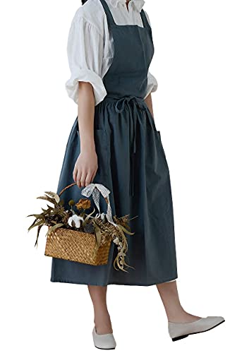 Cotton Pleated Apron Retro Waterdrop Proof Garden Cleaning Pinafore Dress - color: Green