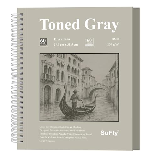 SuFly Gray Toned Sketch Pad, 11" x 14" - 60 Sheets Spiral Bound Sketchbook, 85lb/130gsm Toned Gray Paper for Graphite, Charcoal, Colored Pencils and Gel Pens. - color: Toned Gray, size: 11-x-14-inch:1 Pack