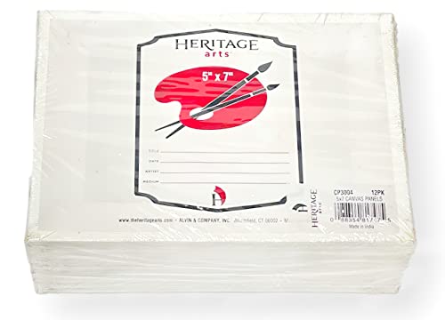 CP3004 Pack of 12 Primed Canvas Boards, 5" x 7"; Mounted to MDF Board; Pure Cotton Artist Canvas Primed with an Acrylic Plaster; Small Tooth Surface Finish