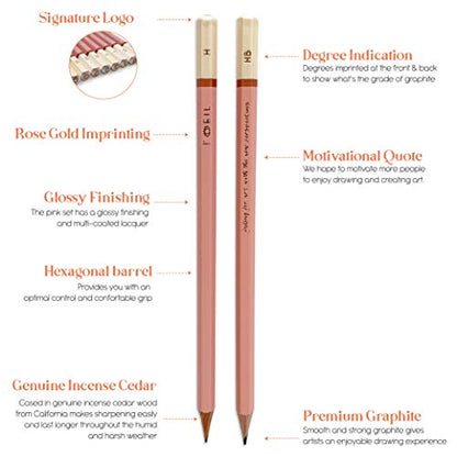 L'oeil Professional Soft Graphite Sketching Pencils Set of 12 (Selected 3H-10B) in Incense Cedar Wood for Pencil Drawing, Sketching, Shading for Beginners & Pros (Pink)