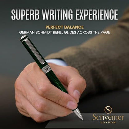 Scriveiner Green Ballpoint Pen - Stunning British Racing Green Luxury Pen, Chrome Finish, Schmidt Black Refill, Best Ball Pen Gift Set for Men & Women, Professional Executive Office, Nice Designer Pen - color: 4. British Racing Green with Chrome